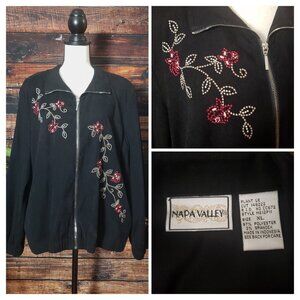 Napa Valley Jacket XL Black Floral Embroidered Beaded Full Zip
